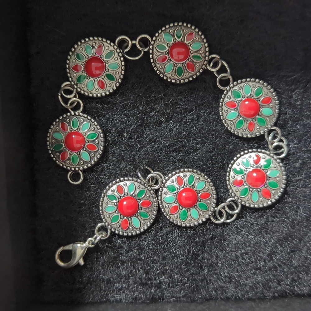 Vintage Style Southwestern Silver Concho Bracelet w/ Red & Turquoise Enamel